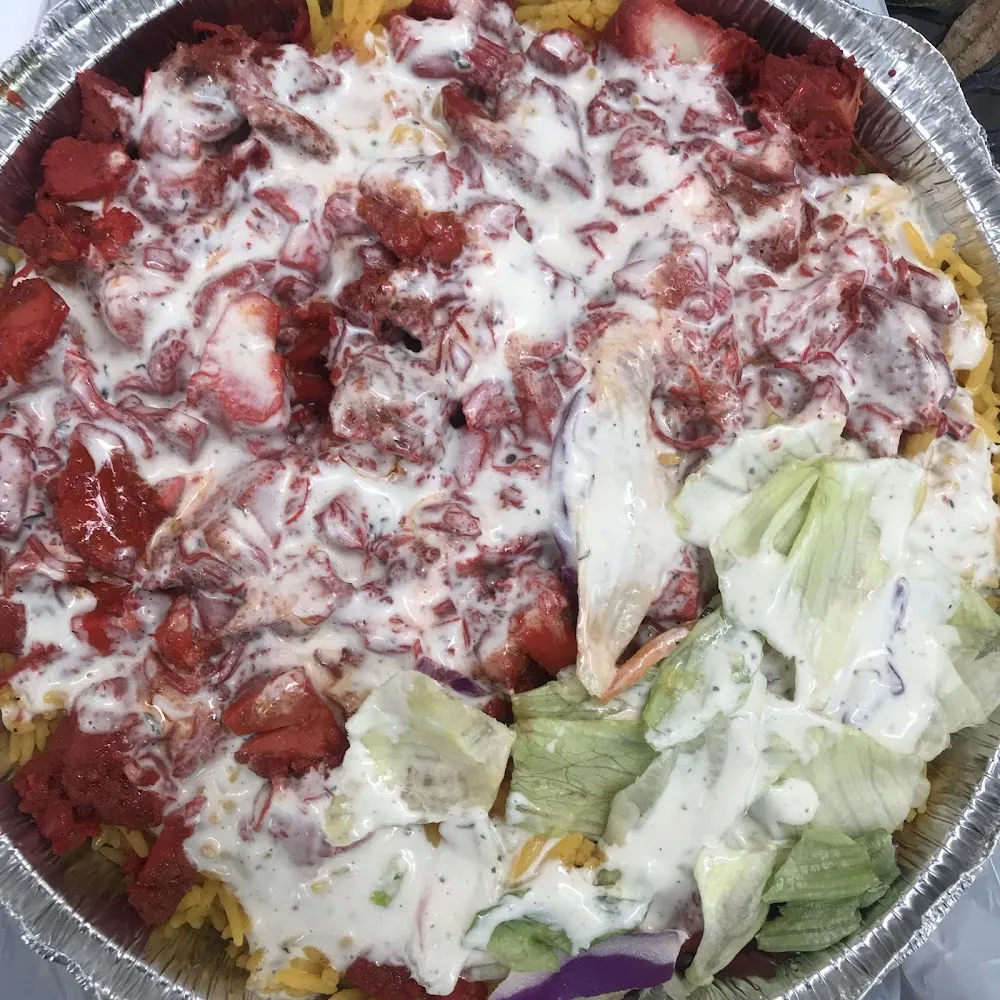 Chicken over Rice with Both Red & White Sauces